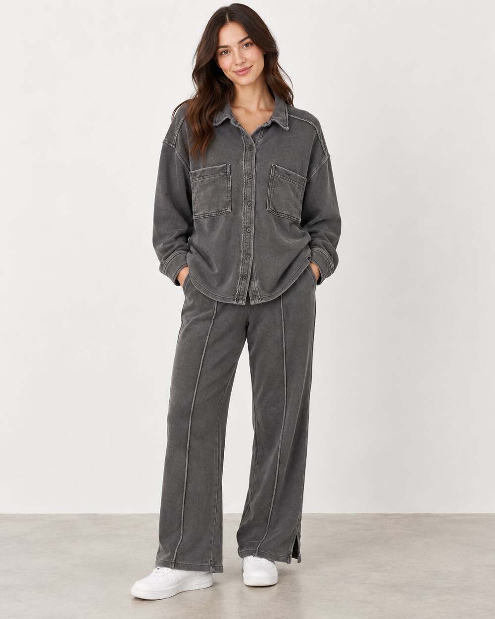 Aerie Women’s XS Washed Charcoal Gray Oversized Shirt & Wide Leg 2 Piece Set